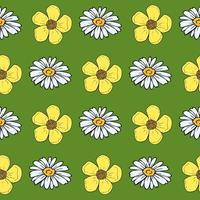 Seamless pattern with cozy buttercups and chamomile on green background. Vector image.