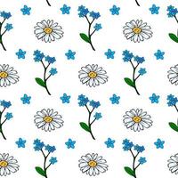 Seamless pattern with cozy flowers forget-me-not and chamomile on white background. Vector image.