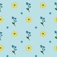 Seamless pattern with buttercups and forget-me-not flowers on light blue background. Vector image.