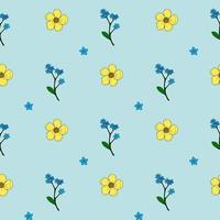 Seamless pattern with buttercups and forget-me-not flowers on light blue background. Vector image.