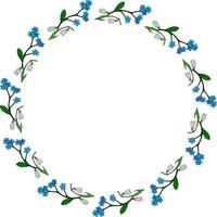 Round frame with flowers forget-me-not and snowdrops on white background. Doodle style. Vector image.