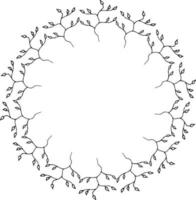 Round frame with creative black-and-white branches on white background. Doodle style. Vector image.