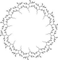 Round frame with creative black-and-white branches on white background. Doodle style. Vector image.