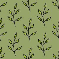 Seamless pattern with doodle branches on discreet green background. Vector image.