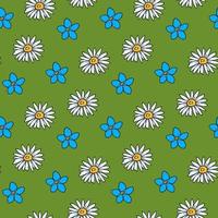 Seamless pattern with flowers forget-me-not and chamomile on green background. Vector image.