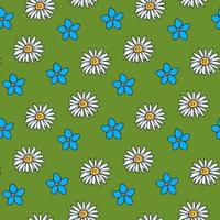 Seamless pattern with flowers forget-me-not and chamomile on green background. Vector image.