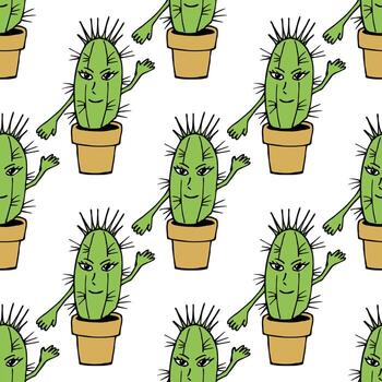 Seamless pattern with funny smiling cacti on white background. Vector image.