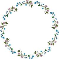 Round frame with cute flowers forget-me-not and sakura branches on white background. Doodle style. Vector image.