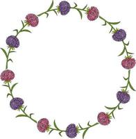 Round frame with great aster flowers on white background. Doodle style. Vector image.