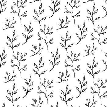 Seamless pattern with black-and-white doodle branches on white background. Vector image.