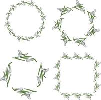 Set of frames with cozy snowdrops. Vector image. Spring flowers