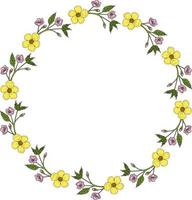 Round frame with buttercup and sakura branches on white background. Doodle style. Vector image.