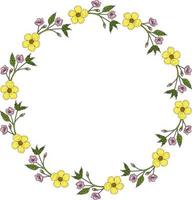 Round frame with buttercup and sakura branches on white background. Doodle style. Vector image.