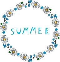 Round frame with stylish flowers forget-me-not and chamomile and text summer on white background. Vector image.