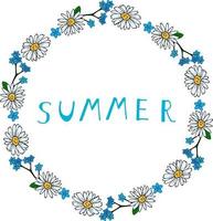 Round frame with stylish flowers forget-me-not and chamomile and text summer on white background. Vector image.