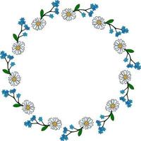 Round frame with chamomile and flowers forget-me-not on white background. Vector image.