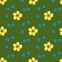 Seamless pattern with buttercups and forget-me-not flowers on green background. Vector image.
