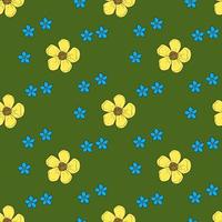 Seamless pattern with buttercups and forget-me-not flowers on green background. Vector image.