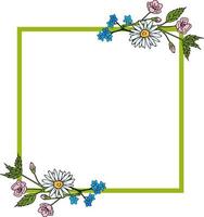 Square frame with chamomile, sakura branches and flowers forget-me-not on white background. Vector image.