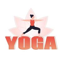 Women doing yoga warrior pose. Yoga text. Flat vector illustration