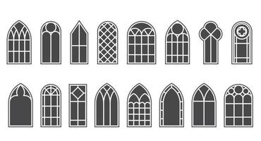 Church medieval windows set. Old gothic style architecture elements. Vector glyph illustration on white background.