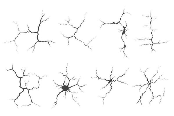 Cracks collection on wall, earth or stone. Scratches lines on surfaces. Lightning and thunderstorm vector illustrations. Fissure on ground and ice. Graphic explosions textures with holes.
