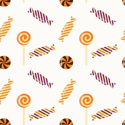 Halloween vector seamless pattern with trick or treat candies. Background in traditional colours and for Halloween celebration, textiles, wallpapers, wrapping paper, scrapbooking.