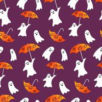 clipart de halloween de un lindo fantasma de dibujos animados divertidos con boo, paraguas naranja en un fondo aislado. fondo espeluznante para la celebración de halloween, textiles, papeles pintados, papel de envolver, álbumes de recortes. vector