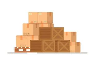 Sending parcels by mail from the Internet. Vector illustration of a warehouse of boxes.