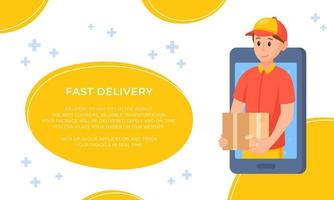 Vector illustration of delivery template. Photo of the courier in uniform with a box in his hands is isolated in the phone.