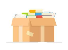 Vector illustration of a large cardboard box of books. Handing in the books at the end of the school year.