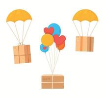 Boxes flying from the sky, vector illustration of a parachute.