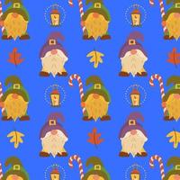 Gnome pattern with autumn characters. Vector gnome with leaves, lantern and lollipop. Seamless background for scrapbooking, textile or baby stuff. Autumn wallpaper with fairy-tale characters.