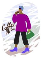 Hora de cafe. la mujer camina por la calle con una taza de café. vector