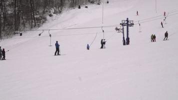belokurikha, Russisch federatie februari 21, 2017 - panorama skiën van mensen ski in de bergen met verbazingwekkend visie Aan de wild berg reeks bedekken met vers sneeuw. video