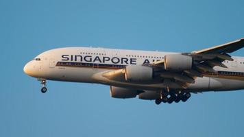 FRANKFURT AM MAIN, GERMANY JULY 17, 2017 - Singapore Airlines Airbus 380 9V SKL approaching before landing. Sunrise light. Fraport, Frankfurt, Germany video