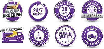 Ecommerce purple colored security badge, risk free, satisfaction guarantee shopping experience icon badge collection isolated on white background. vector design.