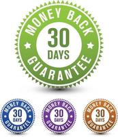 Green, blue, purple, golden colored 30 days money back guarantee badge, icon, sign isolated on white background. vector design.