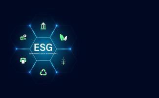 Abstract ESG with icons and hexagon concept Sustainable corporate development Environment, Social, and Governance on a modern blue background vector