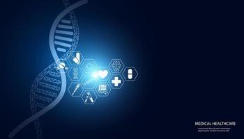 resumen, salud, innovación, investigación médica, concepto, adn, laboratorio de interfaz de tecnología de edición de genes de icono médico sobre fondo azul. ilustración vectorial