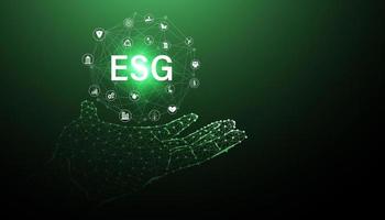 esg abstracto con íconos, conceptos, manos digitales, estructuras alámbricas, desarrollo corporativo sostenible, medio ambiente, social y gobernanza en un fondo verde moderno. vector