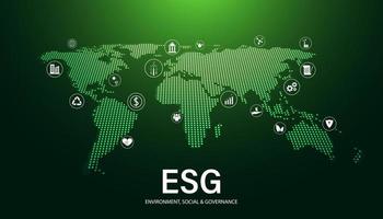Abstract ESG with icon concept, world map, digital, sustainable corporate development Environment, Social, and Governance on a modern green background. vector