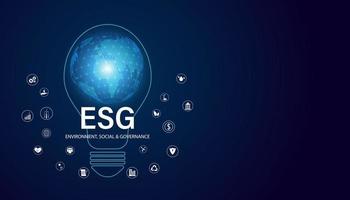 esg abstracto con íconos, conceptos, ideas y bombillas mundo digital entorno de desarrollo corporativo sostenible, social y gobernanza en un fondo azul moderno vector