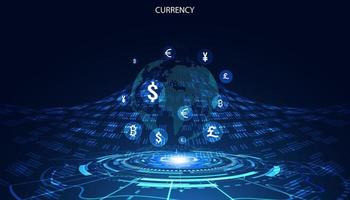 mundo abstracto círculo digital holograma transferencia de dinero defi finanzas descentralizadas blockchain, criptomoneda y bitcoin, en línea, transacción de Internet futurista. vector