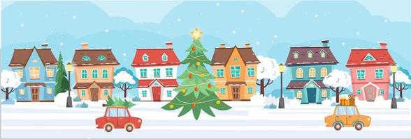 Horizontal banner with cute houses at winter snow day. Cottages, trees, street lamps, christmas tree, cars. Winter town at day time.