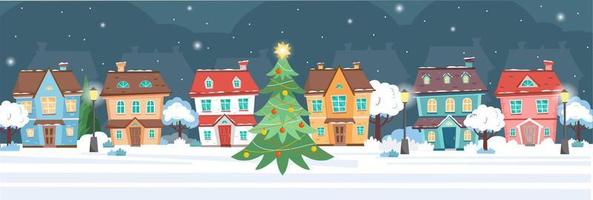 Horizontal banner with cute houses at winter snow night. Cottages, trees, street lamps, christmas tree at christmas night. Winter town at night. vector