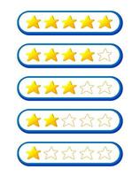 Yellow stars rating. Feedback evaluation in flat design. Rank quality. Cartoon vector illustration. Feedback from 1 before 5 for apps and websites.