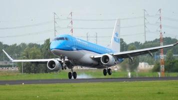 AMSTERDAM, THE NETHERLANDS JULY 27, 2017 - KLM Cityhopper Embraer 175 PH EXN landing on runway 18R Polderbaan. Shiphol Airport, Amsterdam, Holland video