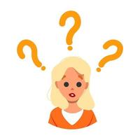 Confused woman face. Simple flat vector illustration of question dilemma problem concept, isolated on white cartoon character, business asking analysis mark.