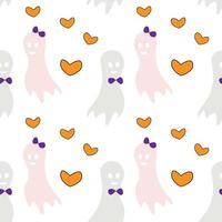 Seamless Halloween pattern with two ghosts in love and orange heart shapes. Isolate. Happy Halloween vector